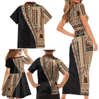 Samoa Siapo Motif Half Style Family Matching Short Sleeve Bodycon Dress and Hawaiian Shirt Brown Version LT03 - Polynesian Pride