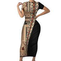 Samoa Siapo Motif Half Style Family Matching Short Sleeve Bodycon Dress and Hawaiian Shirt Brown Version LT03 Mom's Dress Brown - Polynesian Pride