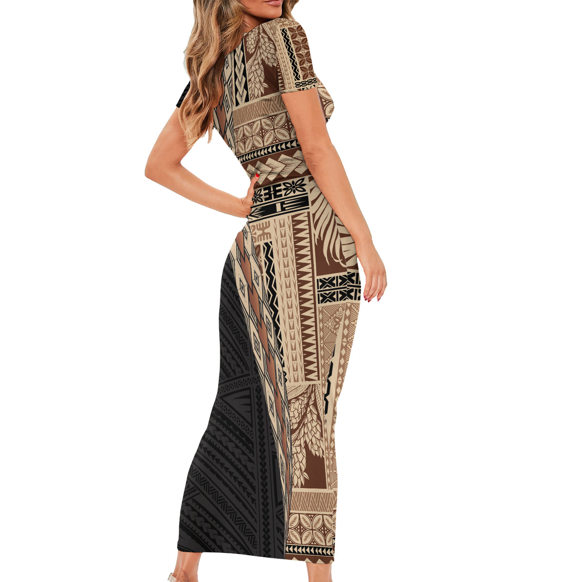 Samoa Siapo Motif Half Style Family Matching Short Sleeve Bodycon Dress and Hawaiian Shirt Brown Version LT03 - Polynesian Pride