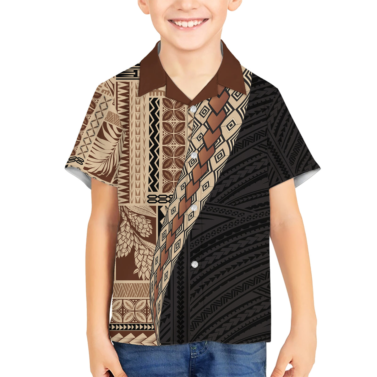 Samoa Siapo Motif Half Style Family Matching Short Sleeve Bodycon Dress and Hawaiian Shirt Brown Version LT03 Son's Shirt Brown - Polynesian Pride