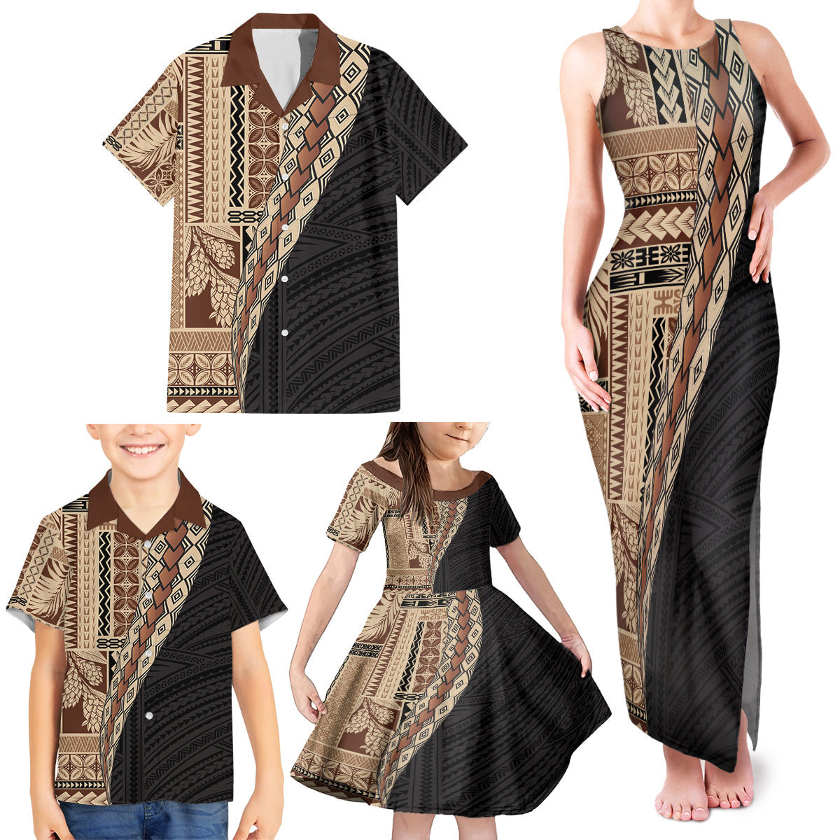 Samoa Siapo Motif Half Style Family Matching Tank Maxi Dress and Hawaiian Shirt Brown Version LT03 - Polynesian Pride
