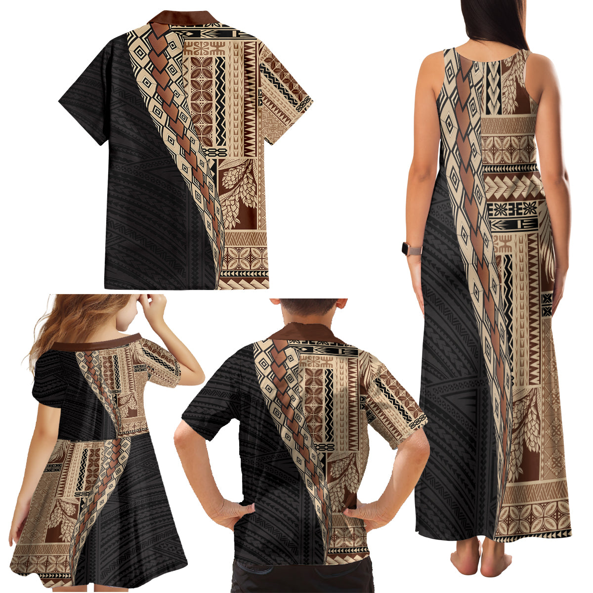 Samoa Siapo Motif Half Style Family Matching Tank Maxi Dress and Hawaiian Shirt Brown Version LT03 - Polynesian Pride