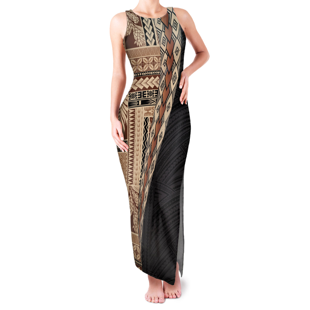 Samoa Siapo Motif Half Style Family Matching Tank Maxi Dress and Hawaiian Shirt Brown Version LT03 Mom's Dress Brown - Polynesian Pride