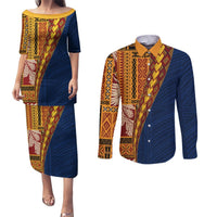 Samoa Siapo Motif Half Style Couples Matching Puletasi and Long Sleeve Button Shirt Colorful Version LT03 Yellow - Polynesian Pride