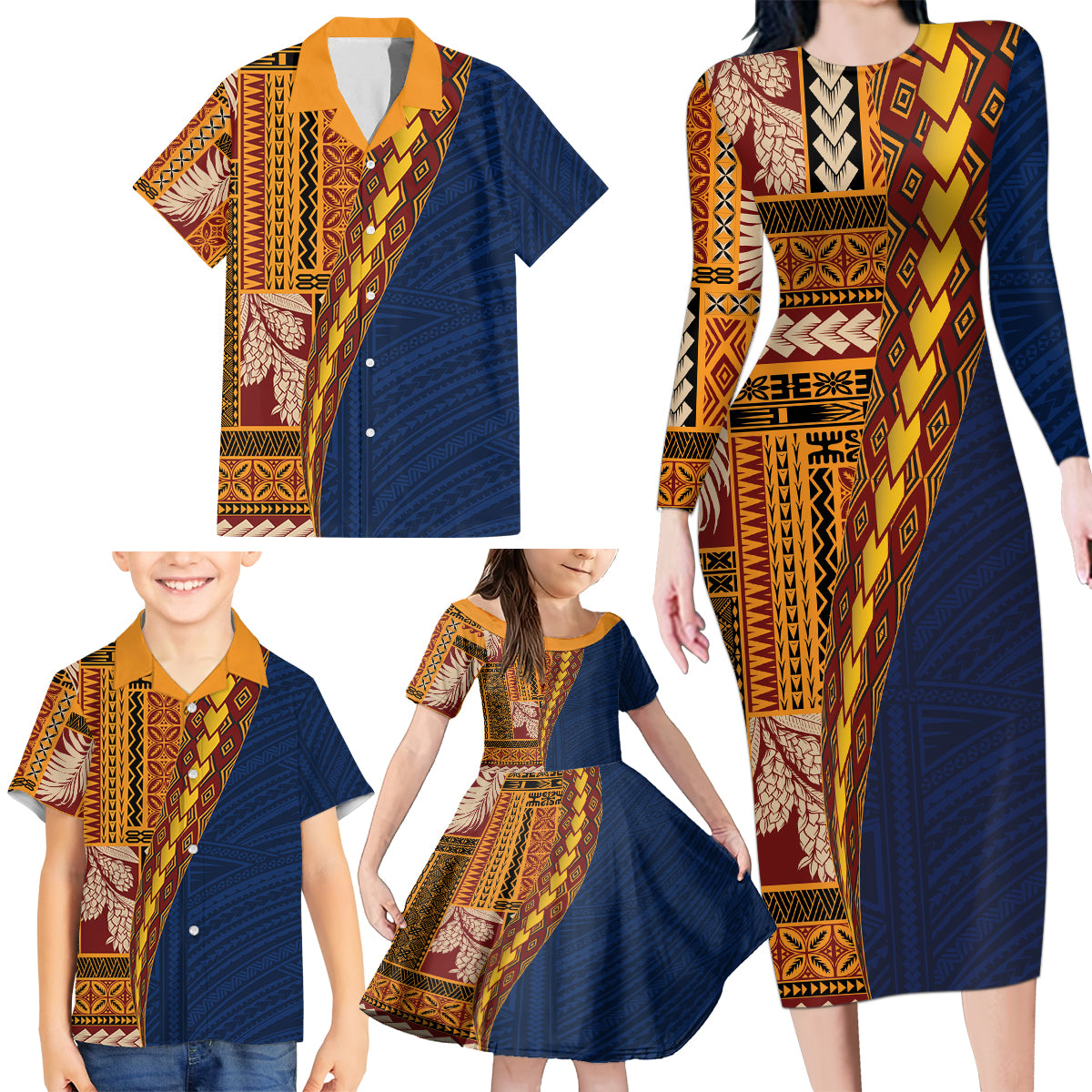 Samoa Siapo Motif Half Style Family Matching Long Sleeve Bodycon Dress and Hawaiian Shirt Colorful Version LT03 - Polynesian Pride