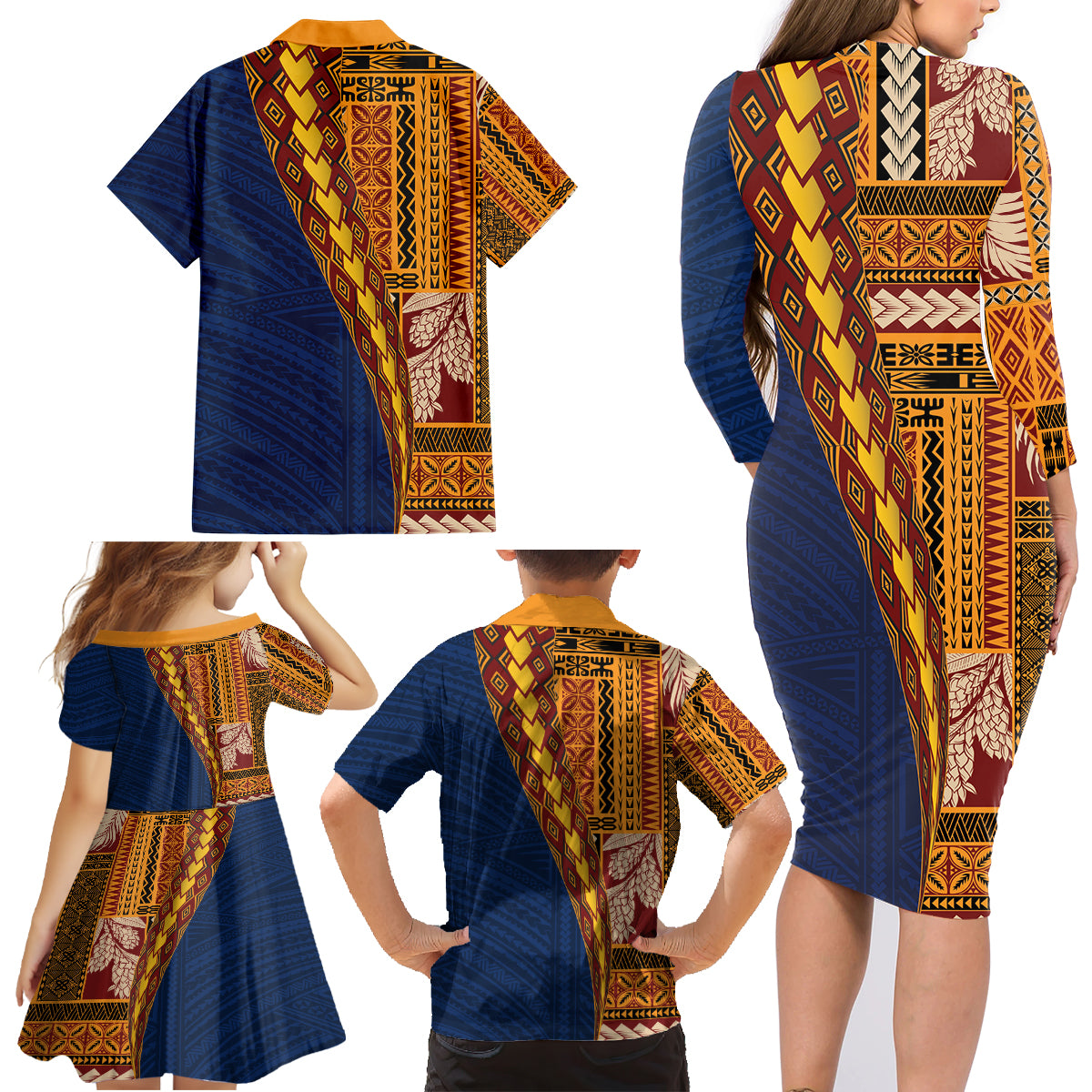 Samoa Siapo Motif Half Style Family Matching Long Sleeve Bodycon Dress and Hawaiian Shirt Colorful Version LT03 - Polynesian Pride