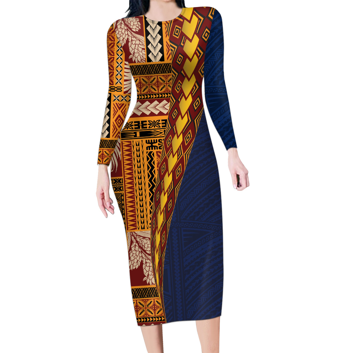 Samoa Siapo Motif Half Style Family Matching Long Sleeve Bodycon Dress and Hawaiian Shirt Colorful Version LT03 Mom's Dress Yellow - Polynesian Pride