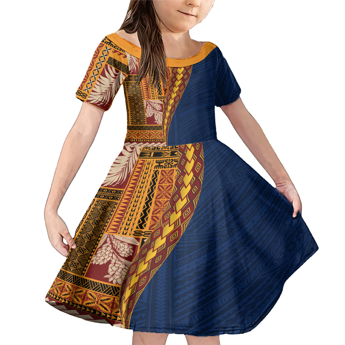 Samoa Siapo Motif Half Style Family Matching Mermaid Dress and Hawaiian Shirt Colorful Version LT03 Daughter's Dress Yellow - Polynesian Pride