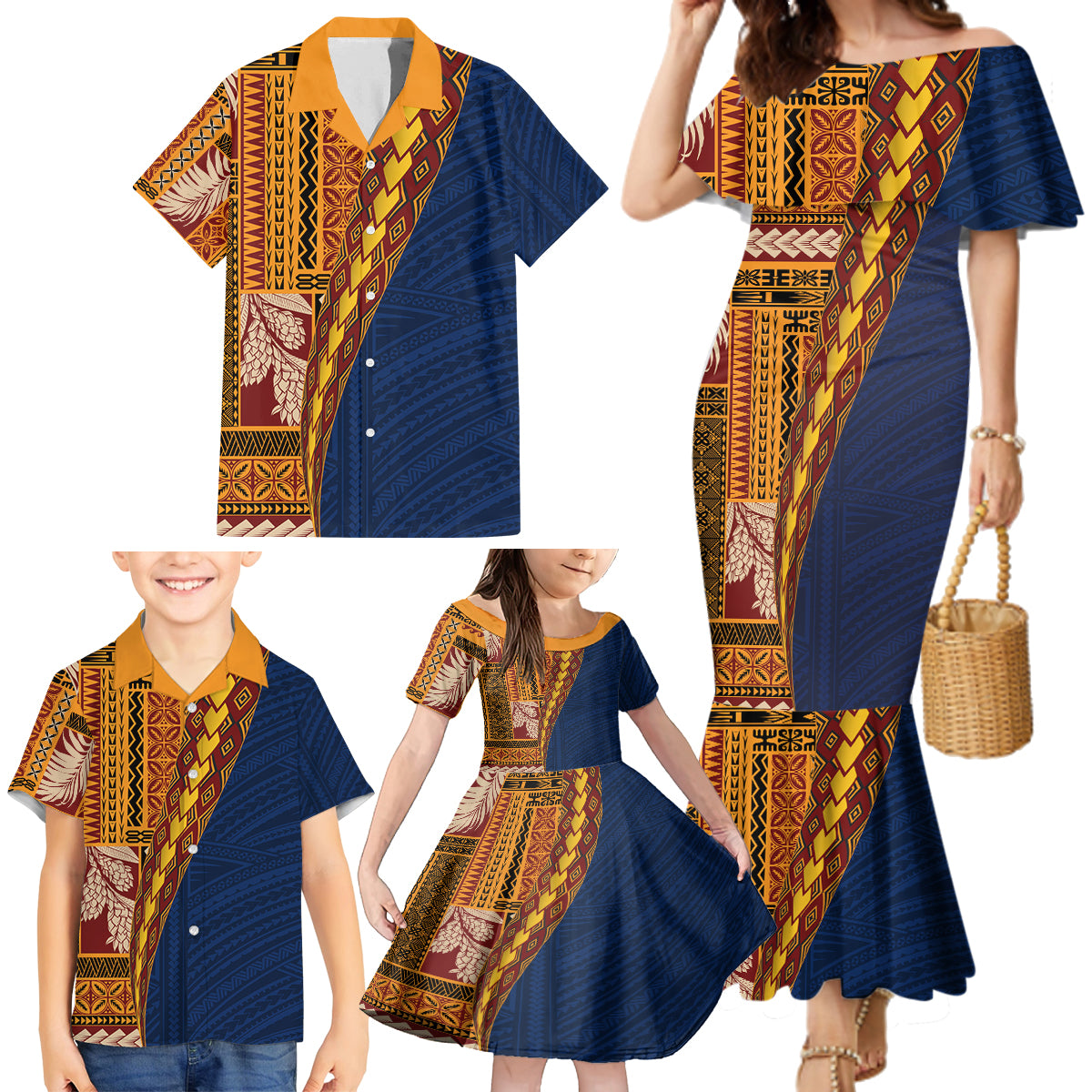 Samoa Siapo Motif Half Style Family Matching Mermaid Dress and Hawaiian Shirt Colorful Version LT03 - Polynesian Pride