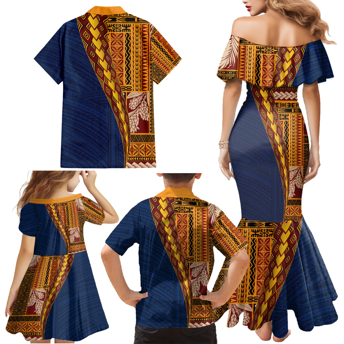 Samoa Siapo Motif Half Style Family Matching Mermaid Dress and Hawaiian Shirt Colorful Version LT03 - Polynesian Pride