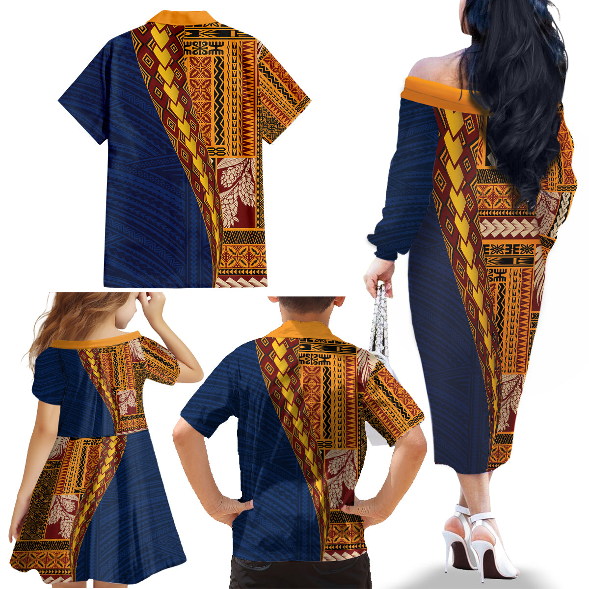 Samoa Siapo Motif Half Style Family Matching Off The Shoulder Long Sleeve Dress and Hawaiian Shirt Colorful Version LT03 - Polynesian Pride