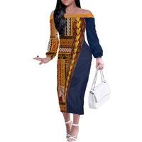 Samoa Siapo Motif Half Style Family Matching Off The Shoulder Long Sleeve Dress and Hawaiian Shirt Colorful Version LT03 Mom's Dress Yellow - Polynesian Pride