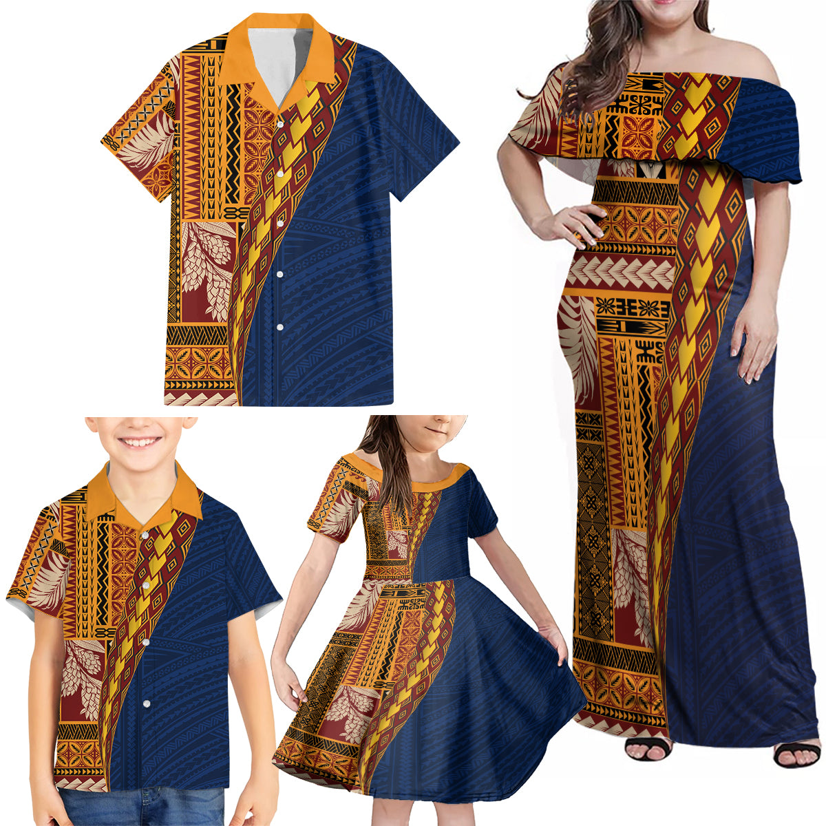 Samoa Siapo Motif Half Style Family Matching Off Shoulder Maxi Dress and Hawaiian Shirt Colorful Version LT03 - Polynesian Pride