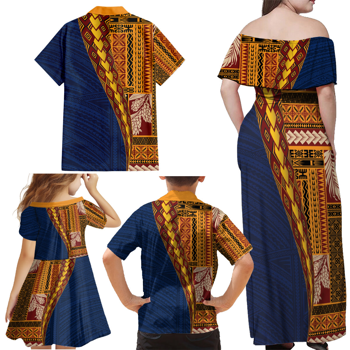 Samoa Siapo Motif Half Style Family Matching Off Shoulder Maxi Dress and Hawaiian Shirt Colorful Version LT03 - Polynesian Pride