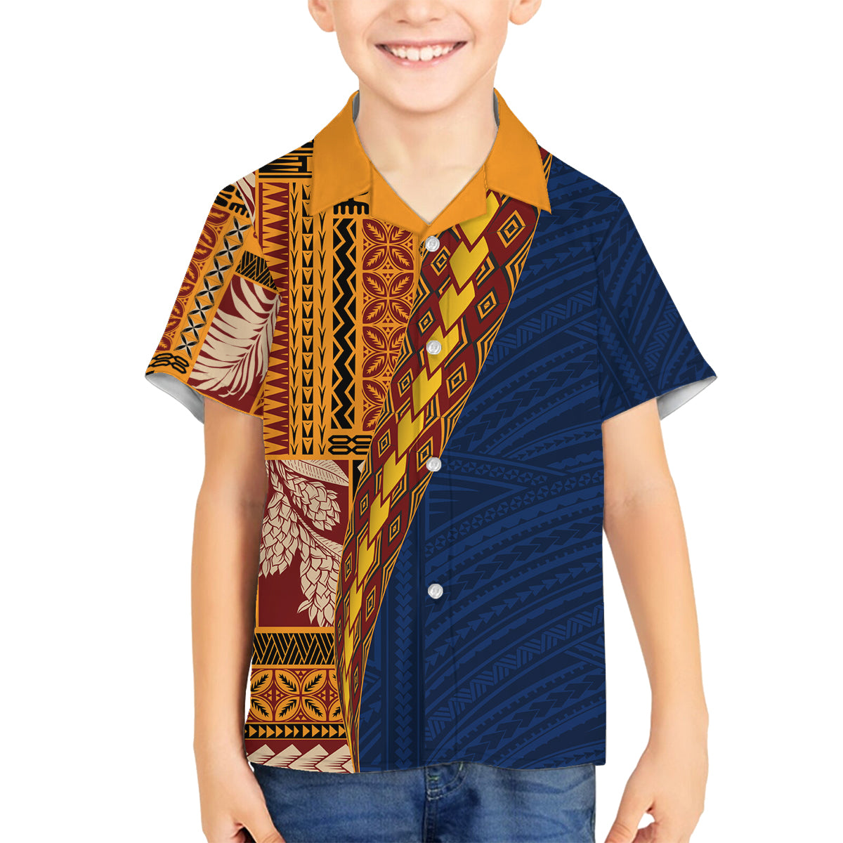 Samoa Siapo Motif Half Style Family Matching Off Shoulder Maxi Dress and Hawaiian Shirt Colorful Version LT03 Son's Shirt Yellow - Polynesian Pride