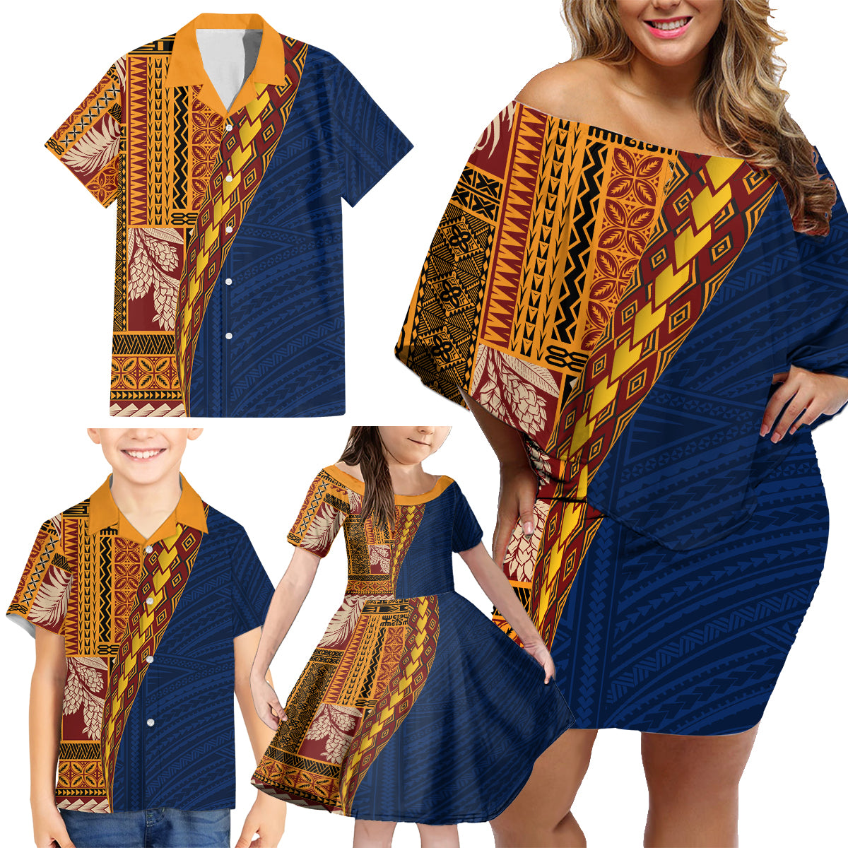 Samoa Siapo Motif Half Style Family Matching Off Shoulder Short Dress and Hawaiian Shirt Colorful Version LT03 - Polynesian Pride
