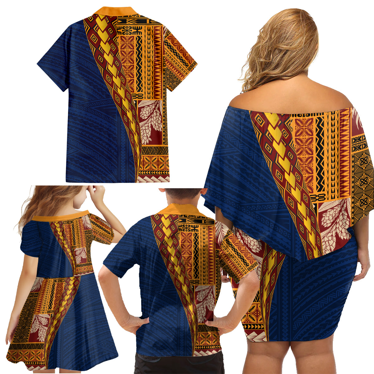 Samoa Siapo Motif Half Style Family Matching Off Shoulder Short Dress and Hawaiian Shirt Colorful Version LT03 - Polynesian Pride