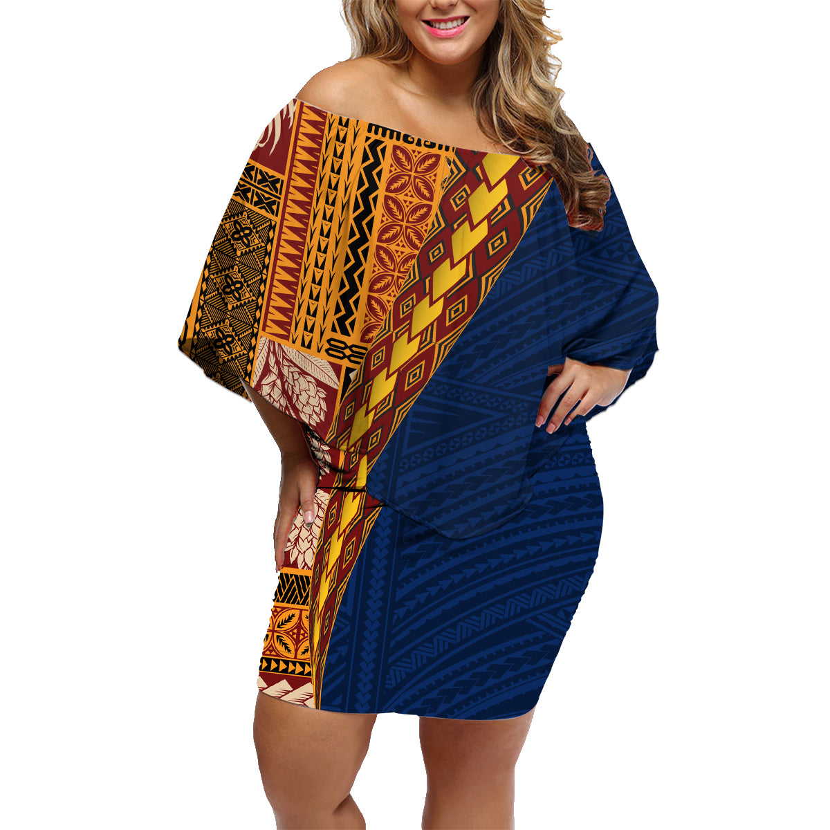 Samoa Siapo Motif Half Style Family Matching Off Shoulder Short Dress and Hawaiian Shirt Colorful Version LT03 Mom's Dress Yellow - Polynesian Pride