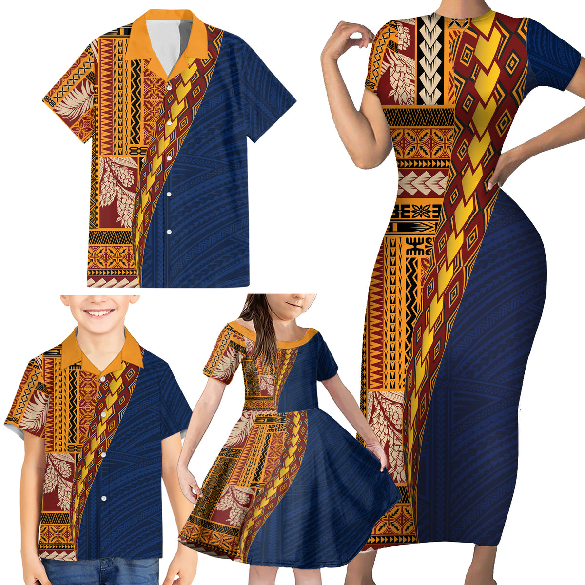 Samoa Siapo Motif Half Style Family Matching Short Sleeve Bodycon Dress and Hawaiian Shirt Colorful Version LT03 - Polynesian Pride