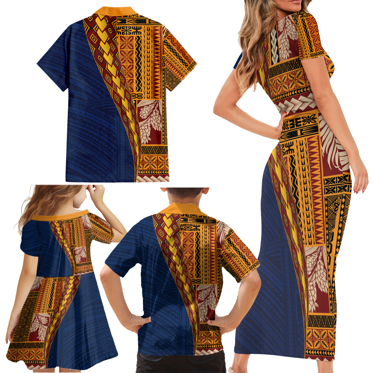 Samoa Siapo Motif Half Style Family Matching Short Sleeve Bodycon Dress and Hawaiian Shirt Colorful Version LT03 - Polynesian Pride
