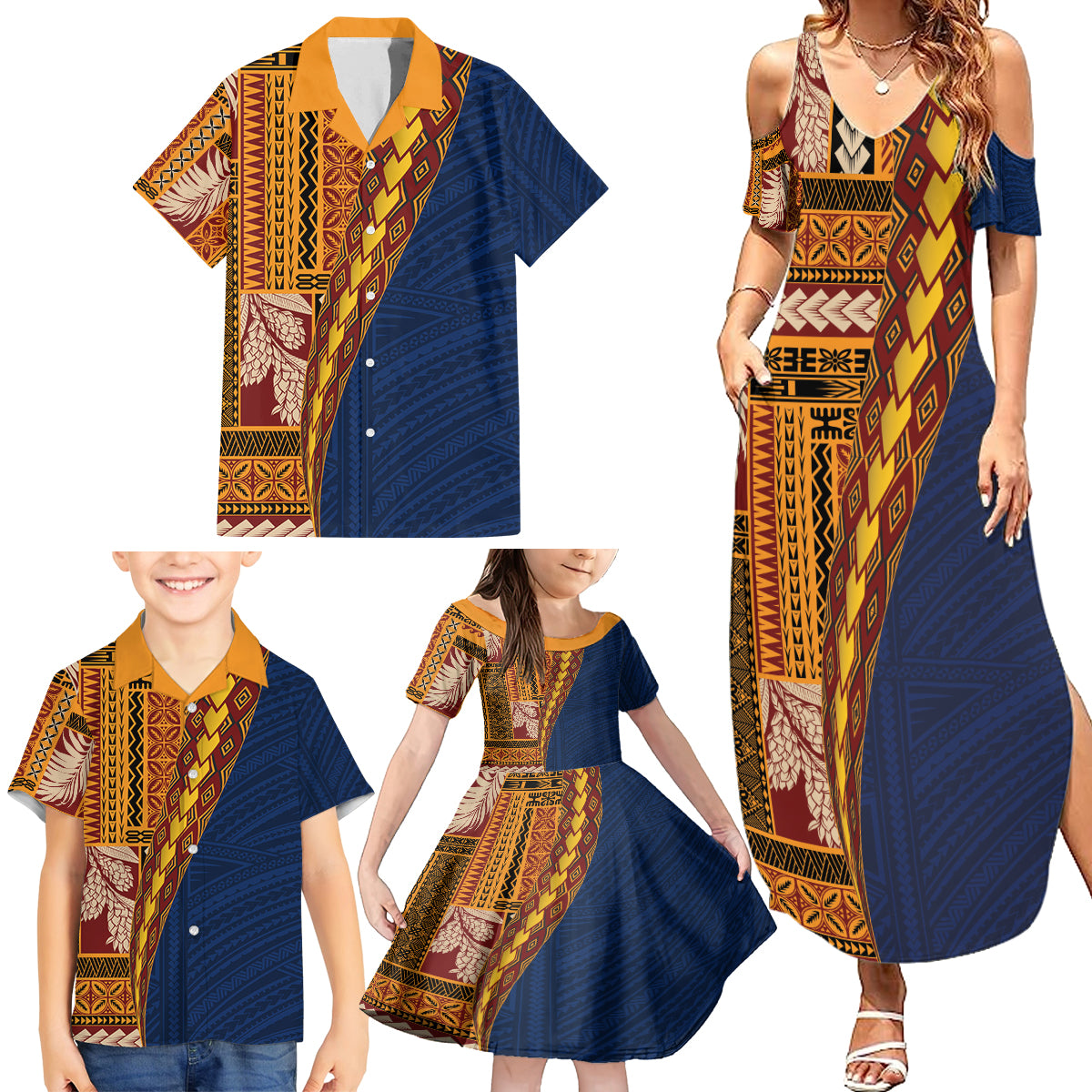 Samoa Siapo Motif Half Style Family Matching Summer Maxi Dress and Hawaiian Shirt Colorful Version LT03 - Polynesian Pride