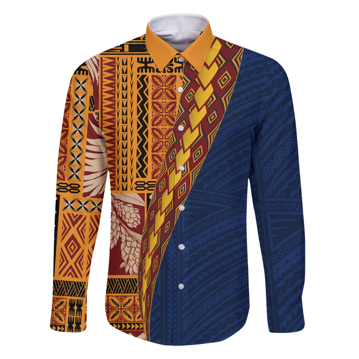 Samoa Siapo Motif Half Style Family Matching Summer Maxi Dress and Hawaiian Shirt Colorful Version LT03 Dad's Shirt - Long Sleeve Yellow - Polynesian Pride