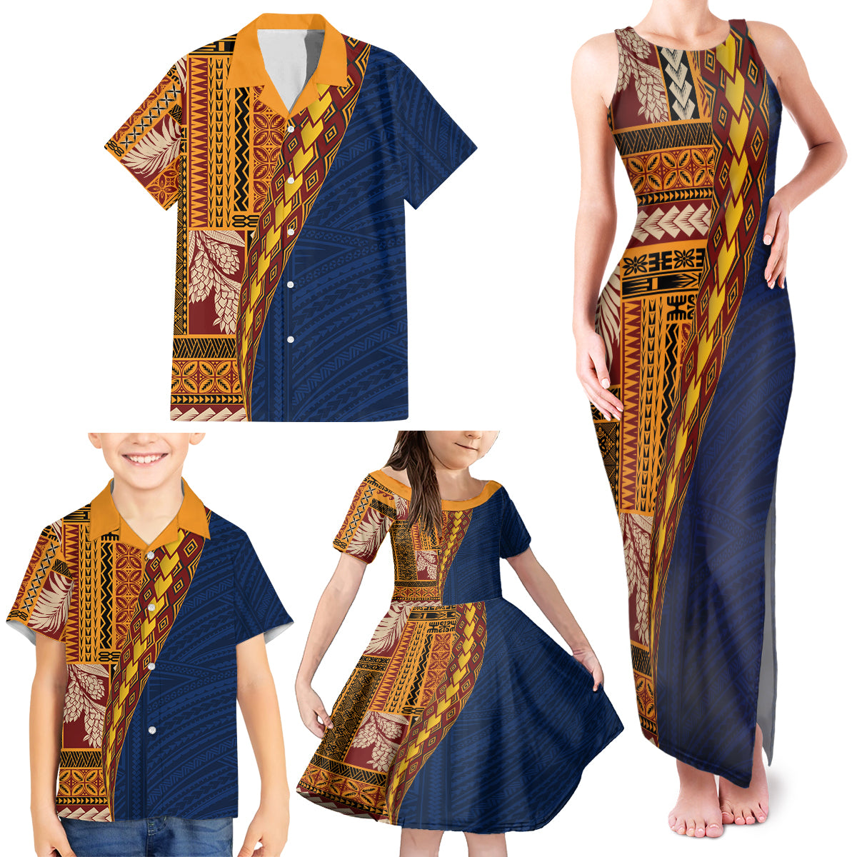 Samoa Siapo Motif Half Style Family Matching Tank Maxi Dress and Hawaiian Shirt Colorful Version LT03 - Polynesian Pride