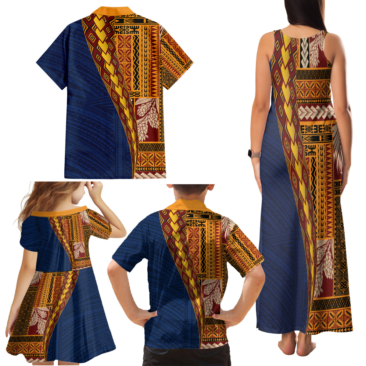 Samoa Siapo Motif Half Style Family Matching Tank Maxi Dress and Hawaiian Shirt Colorful Version LT03 - Polynesian Pride