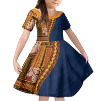 Samoa Siapo Motif Half Style Kid Short Sleeve Dress Colorful Version LT03 KID Yellow - Polynesian Pride