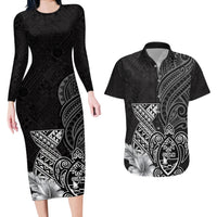 Guam Latte Stone Chamorro Culture Couples Matching Long Sleeve Bodycon Dress and Hawaiian Shirt Tapa Pattern LT03 Black - Polynesian Pride