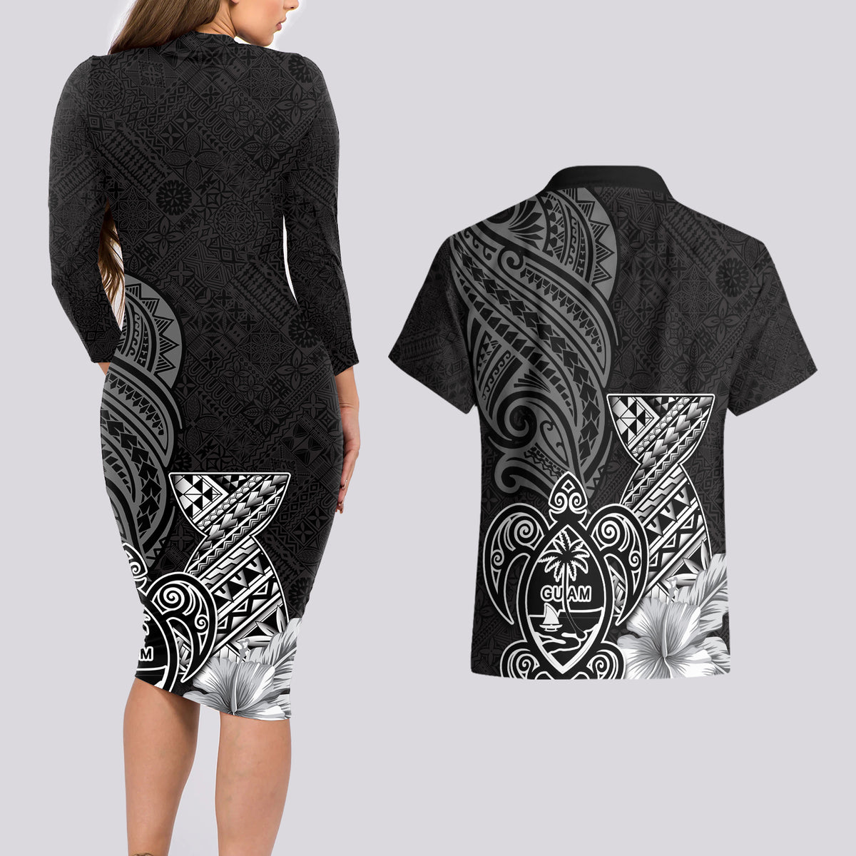 Guam Latte Stone Chamorro Culture Couples Matching Long Sleeve Bodycon Dress and Hawaiian Shirt Tapa Pattern LT03 - Polynesian Pride