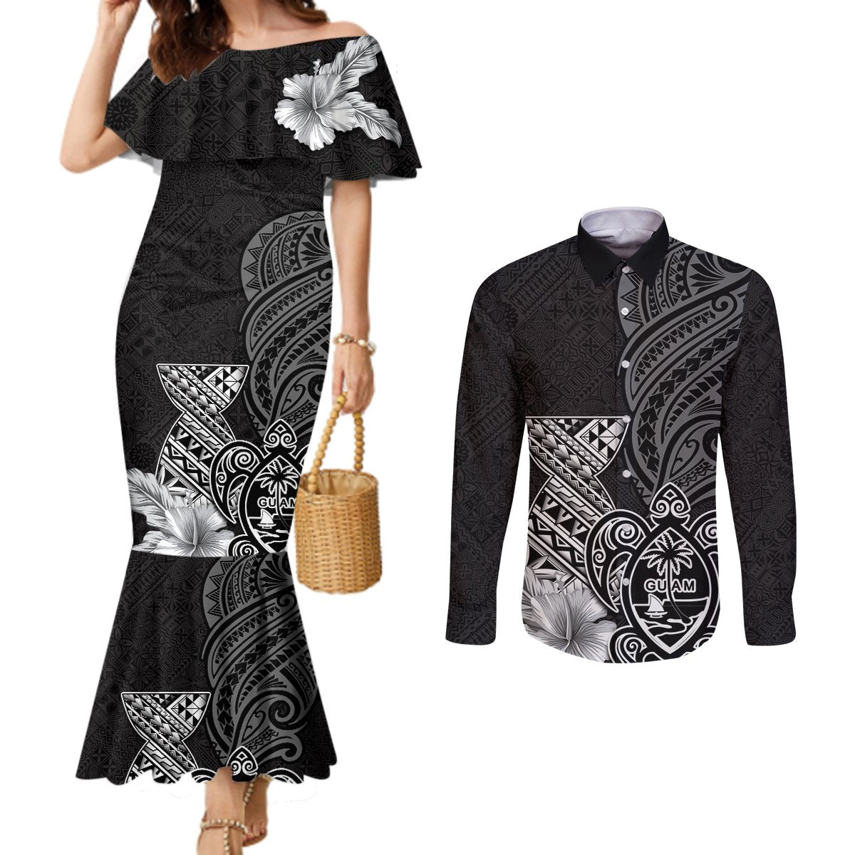 Guam Latte Stone Chamorro Culture Couples Matching Mermaid Dress and Long Sleeve Button Shirt Tapa Pattern LT03 Black - Polynesian Pride