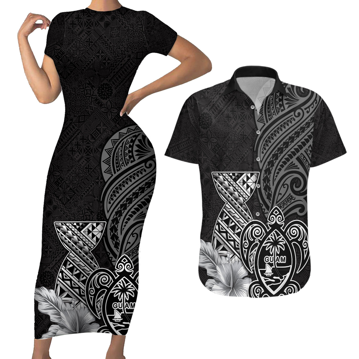 Guam Latte Stone Chamorro Culture Couples Matching Short Sleeve Bodycon Dress and Hawaiian Shirt Tapa Pattern LT03 Black - Polynesian Pride