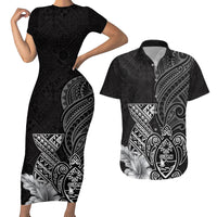 Guam Latte Stone Chamorro Culture Couples Matching Short Sleeve Bodycon Dress and Hawaiian Shirt Tapa Pattern LT03 Black - Polynesian Pride