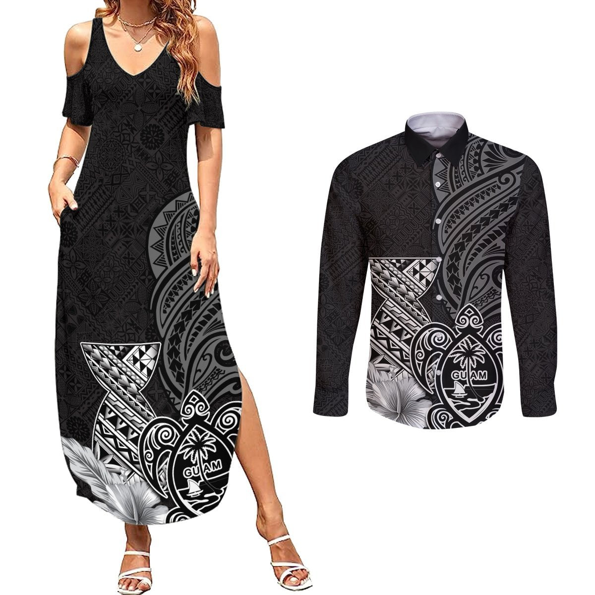 Guam Latte Stone Chamorro Culture Couples Matching Summer Maxi Dress and Long Sleeve Button Shirt Tapa Pattern LT03 Black - Polynesian Pride
