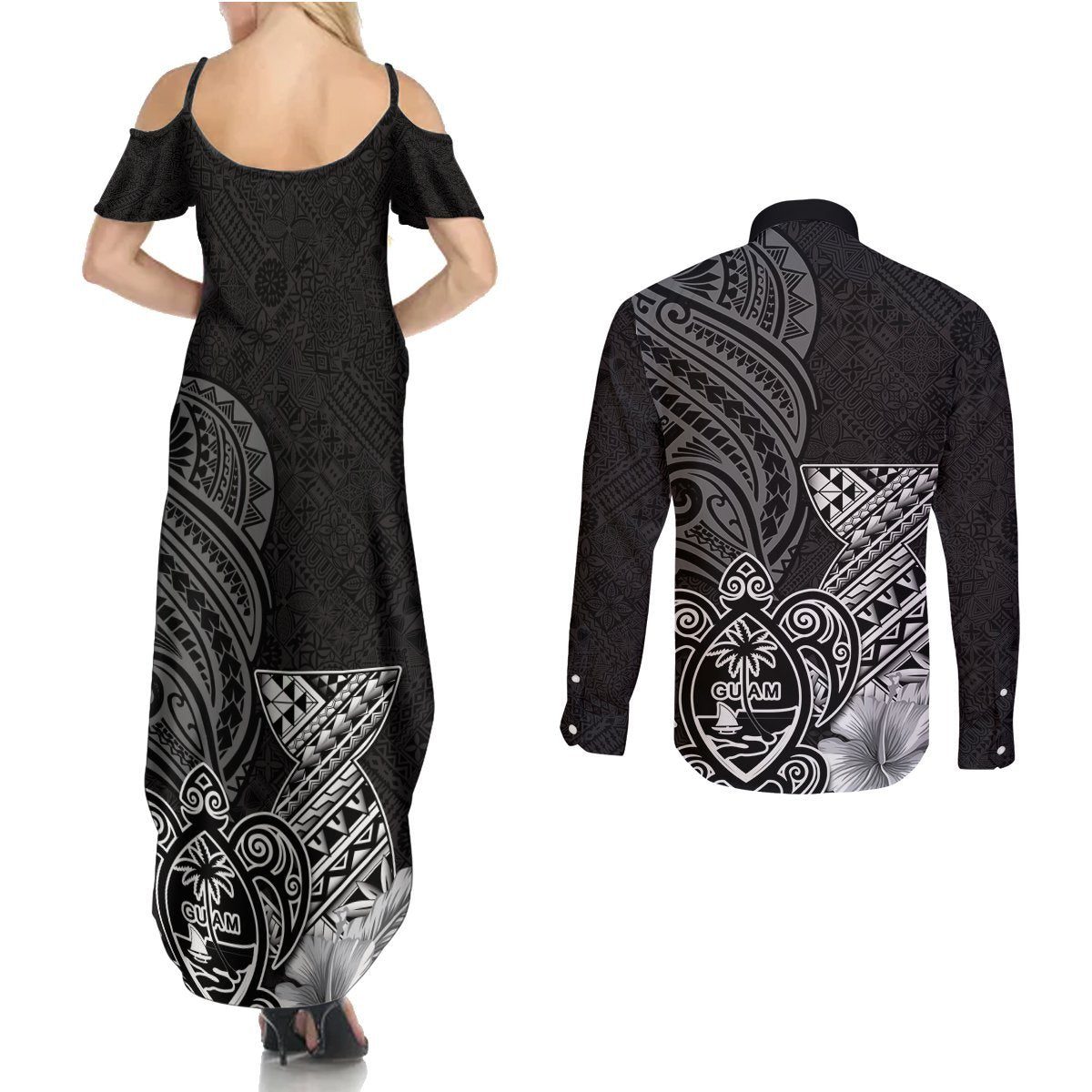 Guam Latte Stone Chamorro Culture Couples Matching Summer Maxi Dress and Long Sleeve Button Shirt Tapa Pattern LT03 - Polynesian Pride