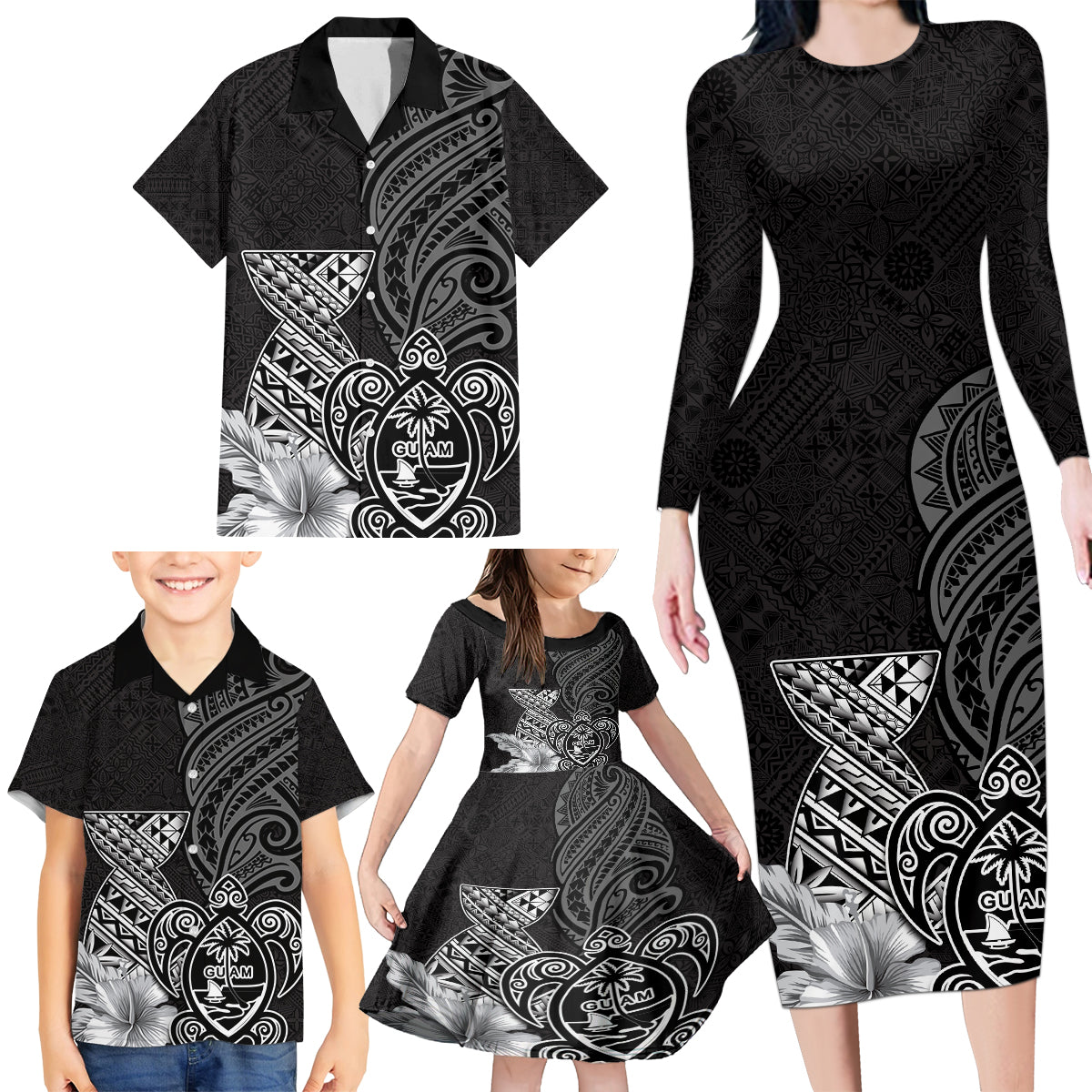 Guam Latte Stone Chamorro Culture Family Matching Long Sleeve Bodycon Dress and Hawaiian Shirt Tapa Pattern LT03 - Polynesian Pride