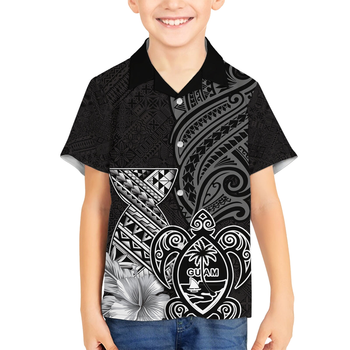 Guam Latte Stone Chamorro Culture Family Matching Long Sleeve Bodycon Dress and Hawaiian Shirt Tapa Pattern LT03 Son's Shirt Black - Polynesian Pride