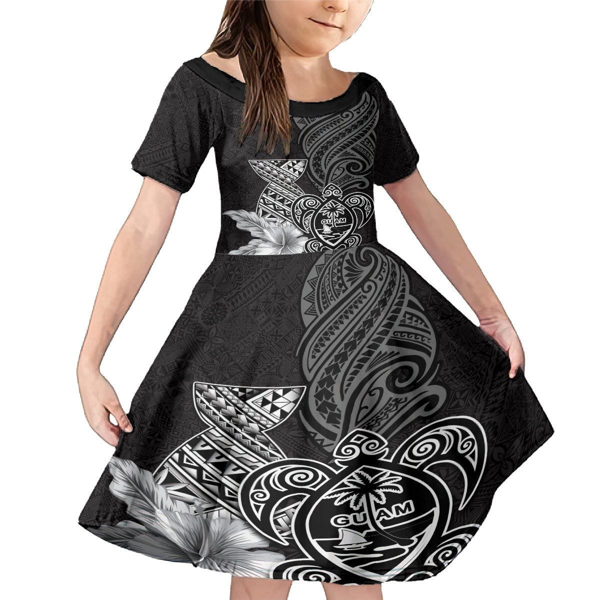 Guam Latte Stone Chamorro Culture Family Matching Mermaid Dress and Hawaiian Shirt Tapa Pattern LT03 Daughter's Dress Black - Polynesian Pride