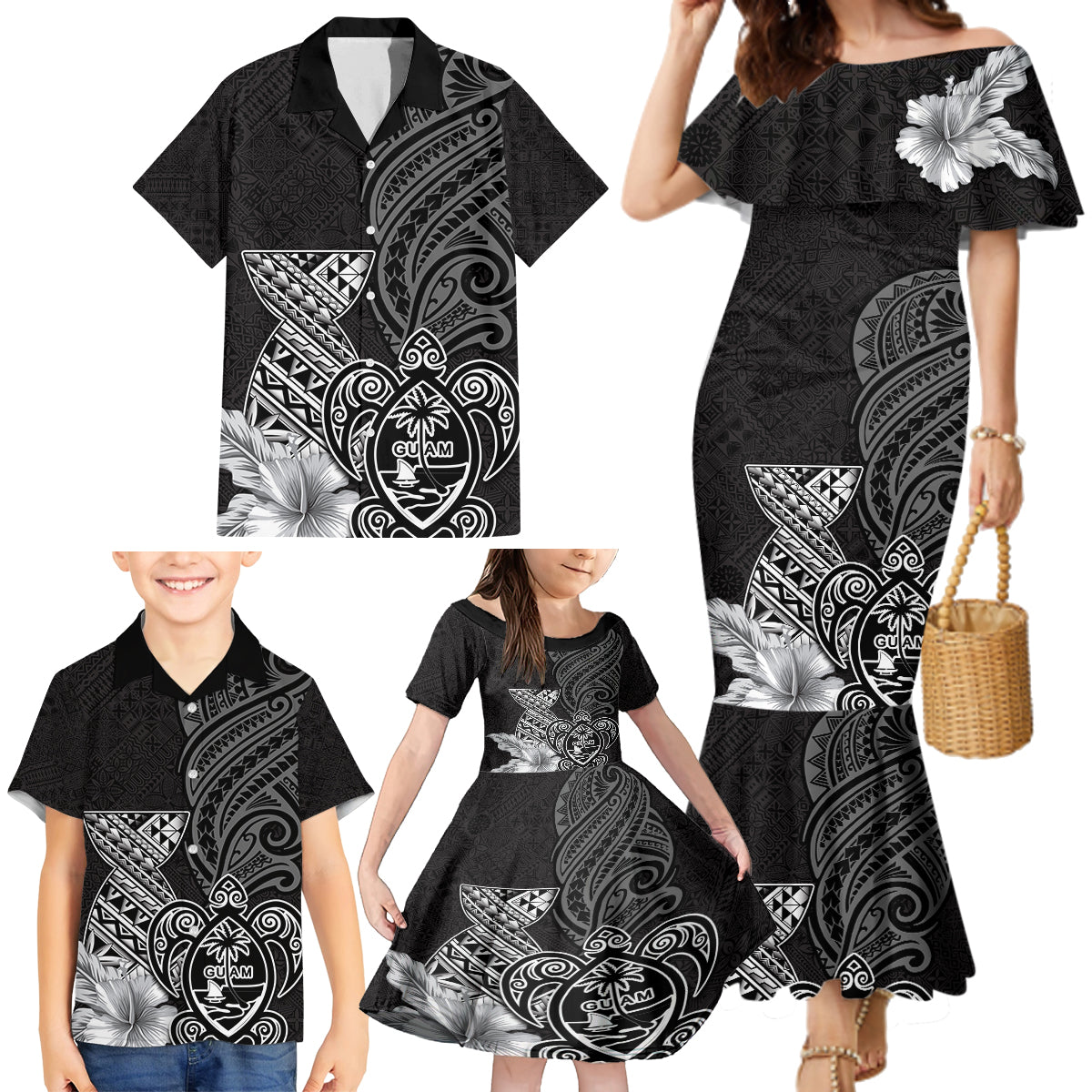 Guam Latte Stone Chamorro Culture Family Matching Mermaid Dress and Hawaiian Shirt Tapa Pattern LT03 - Polynesian Pride