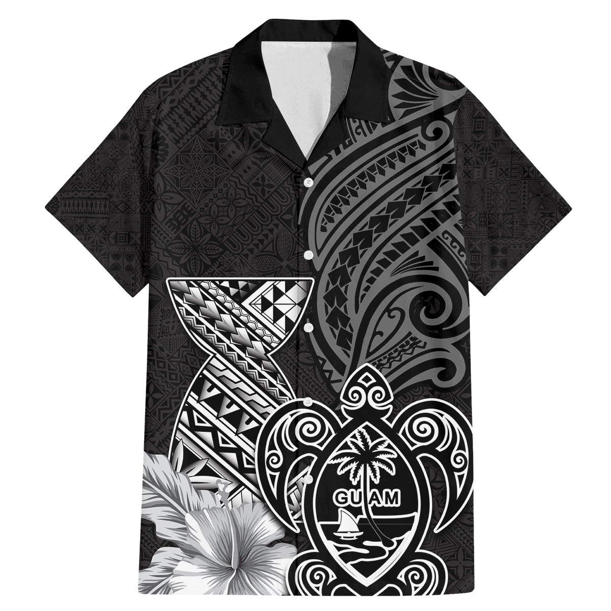 Guam Latte Stone Chamorro Culture Family Matching Mermaid Dress and Hawaiian Shirt Tapa Pattern LT03 Dad's Shirt - Short Sleeve Black - Polynesian Pride