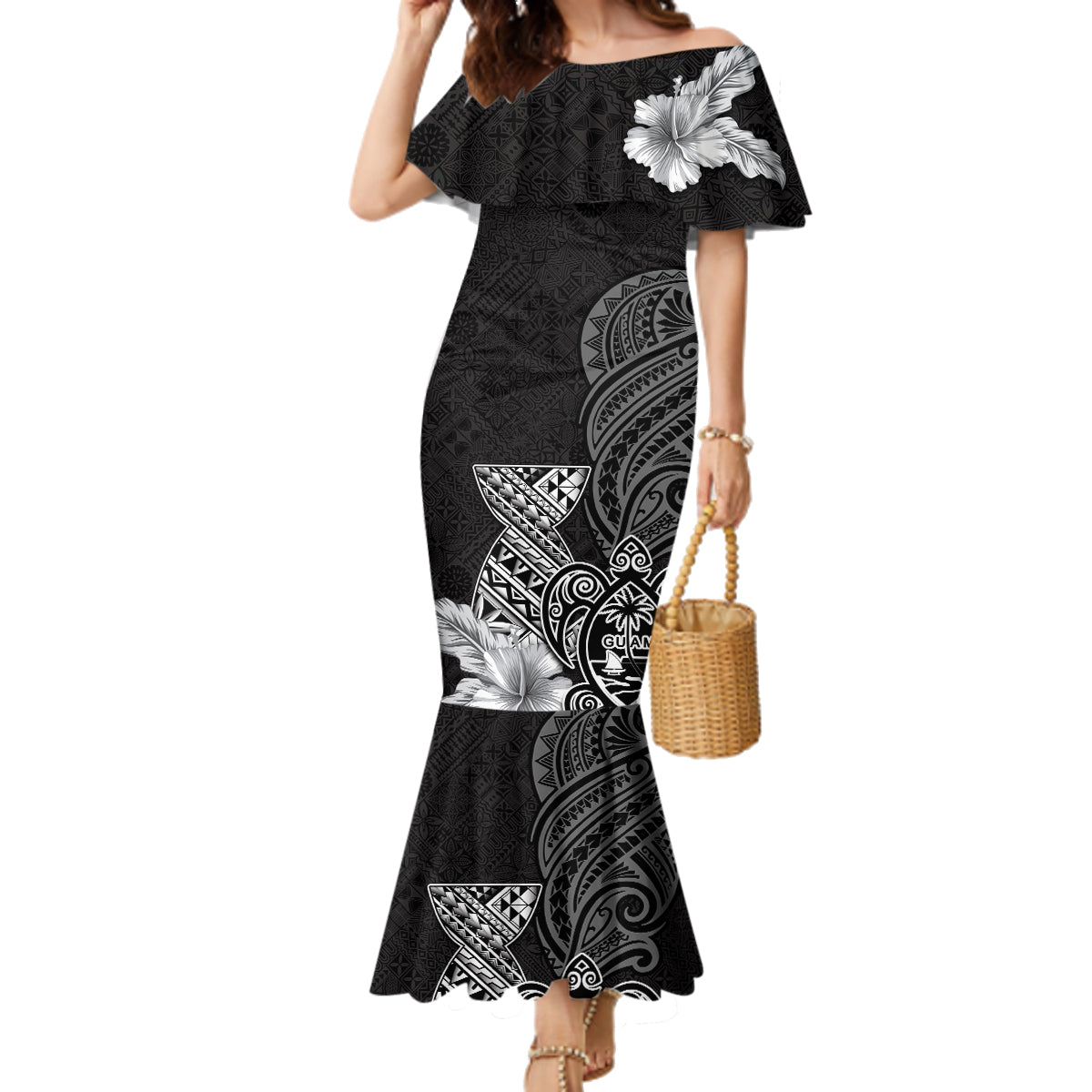 Guam Latte Stone Chamorro Culture Family Matching Mermaid Dress and Hawaiian Shirt Tapa Pattern LT03 Mom's Dress Black - Polynesian Pride