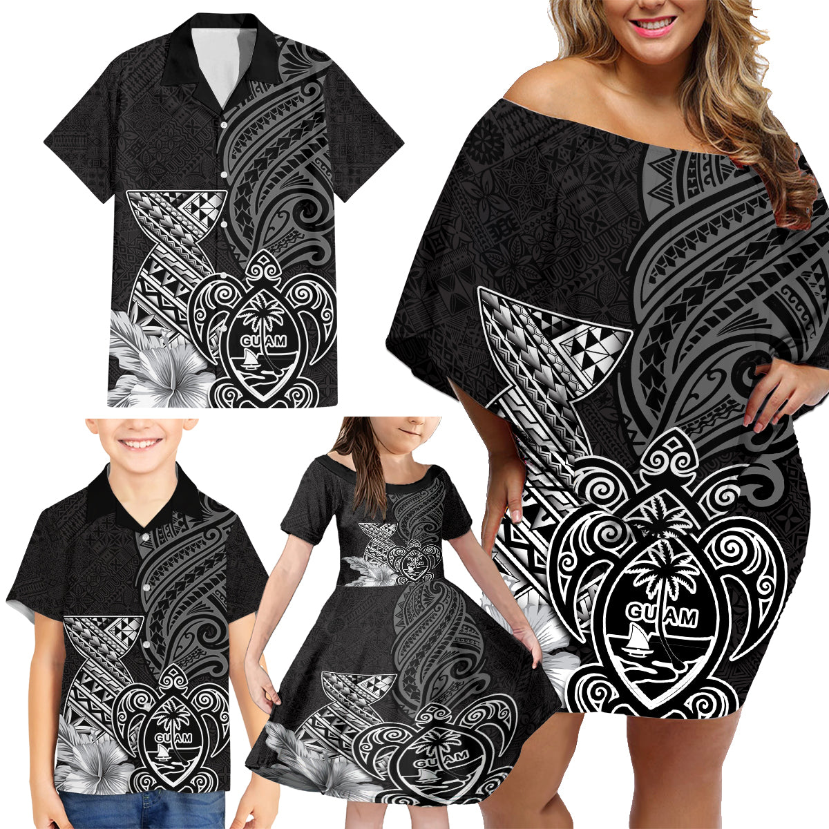 Guam Latte Stone Chamorro Culture Family Matching Off Shoulder Short Dress and Hawaiian Shirt Tapa Pattern LT03 - Polynesian Pride