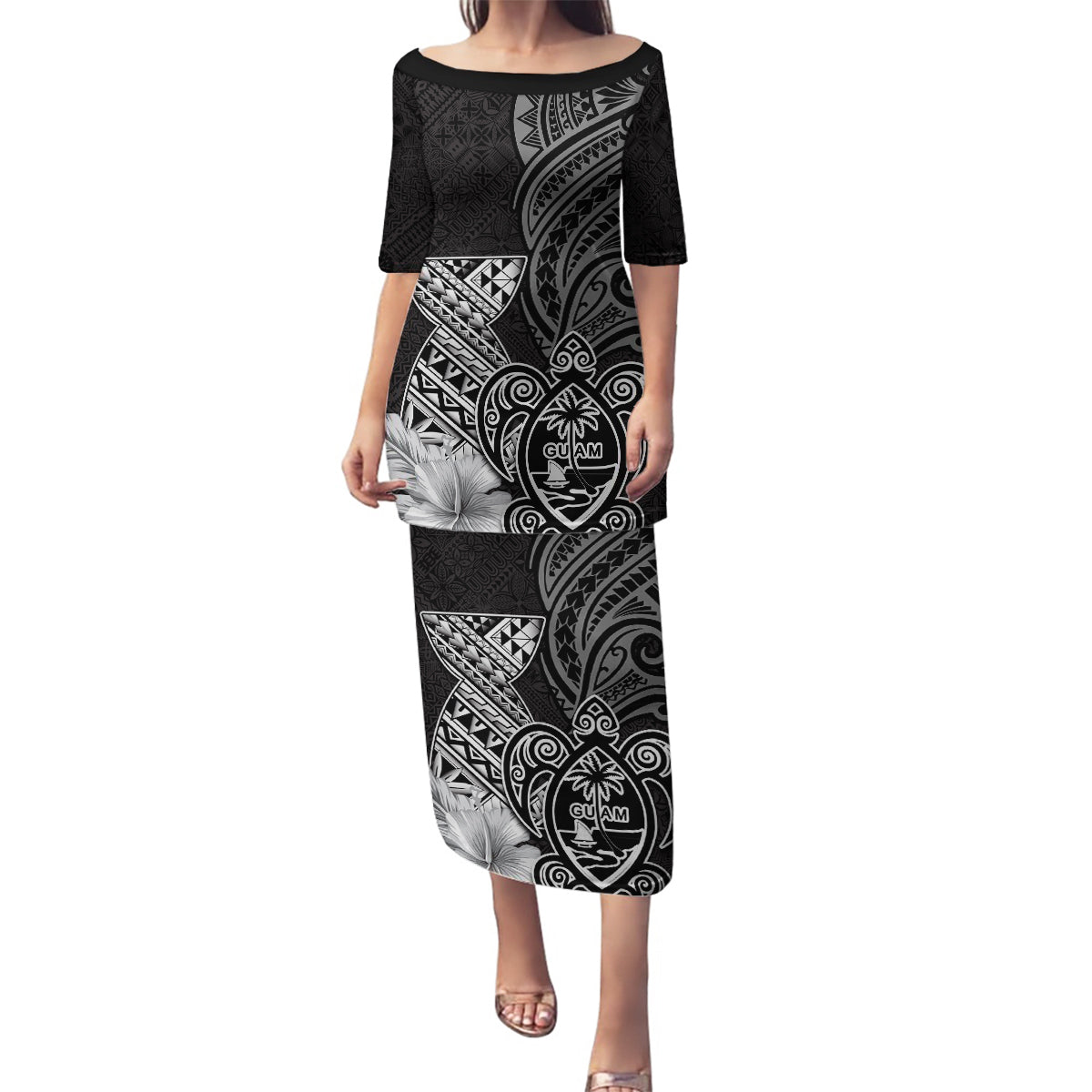 Guam Latte Stone Chamorro Culture Family Matching Puletasi and Hawaiian Shirt Tapa Pattern LT03 Mom's Dress Black - Polynesian Pride