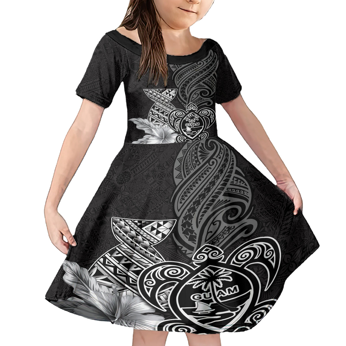 Guam Latte Stone Chamorro Culture Family Matching Short Sleeve Bodycon Dress and Hawaiian Shirt Tapa Pattern LT03 Daughter's Dress Black - Polynesian Pride