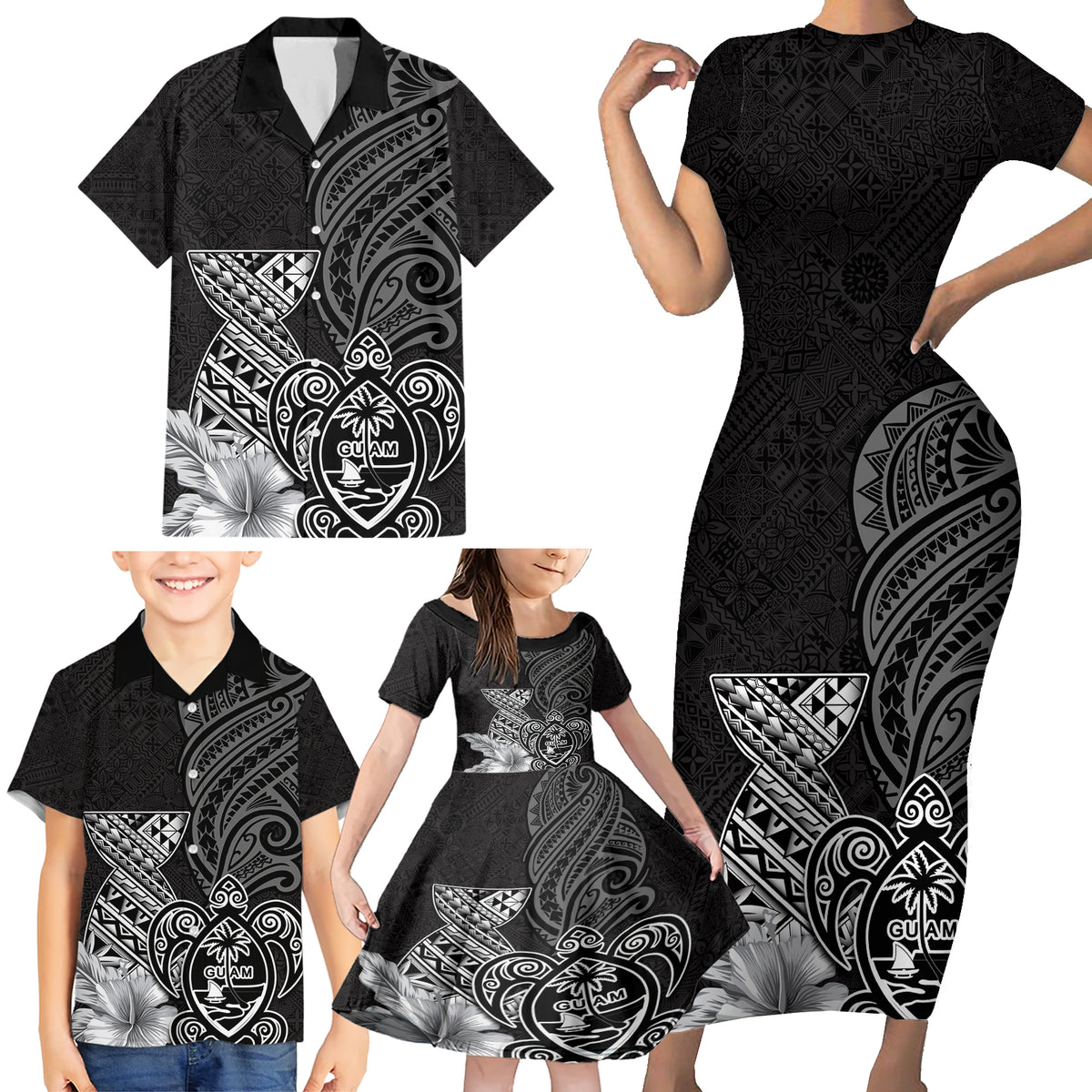 Guam Latte Stone Chamorro Culture Family Matching Short Sleeve Bodycon Dress and Hawaiian Shirt Tapa Pattern LT03 - Polynesian Pride