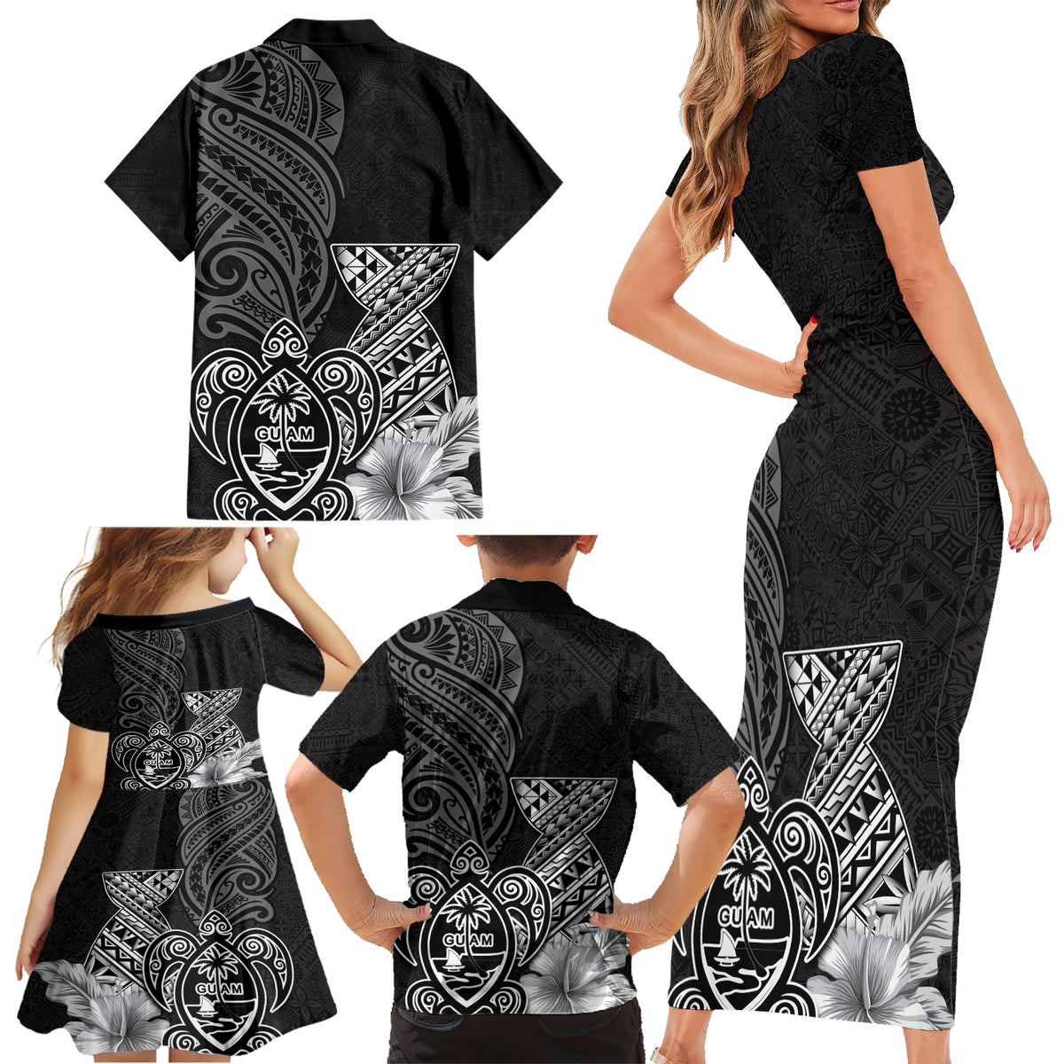 Guam Latte Stone Chamorro Culture Family Matching Short Sleeve Bodycon Dress and Hawaiian Shirt Tapa Pattern LT03 - Polynesian Pride
