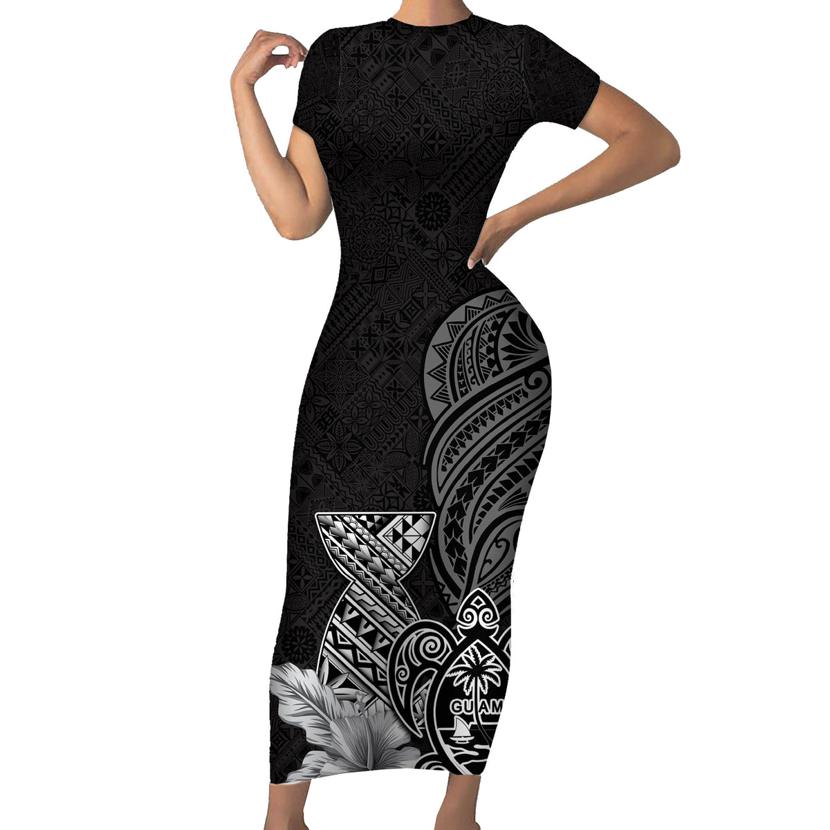 Guam Latte Stone Chamorro Culture Family Matching Short Sleeve Bodycon Dress and Hawaiian Shirt Tapa Pattern LT03 Mom's Dress Black - Polynesian Pride