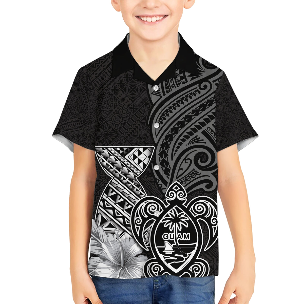 Guam Latte Stone Chamorro Culture Family Matching Short Sleeve Bodycon Dress and Hawaiian Shirt Tapa Pattern LT03 Son's Shirt Black - Polynesian Pride