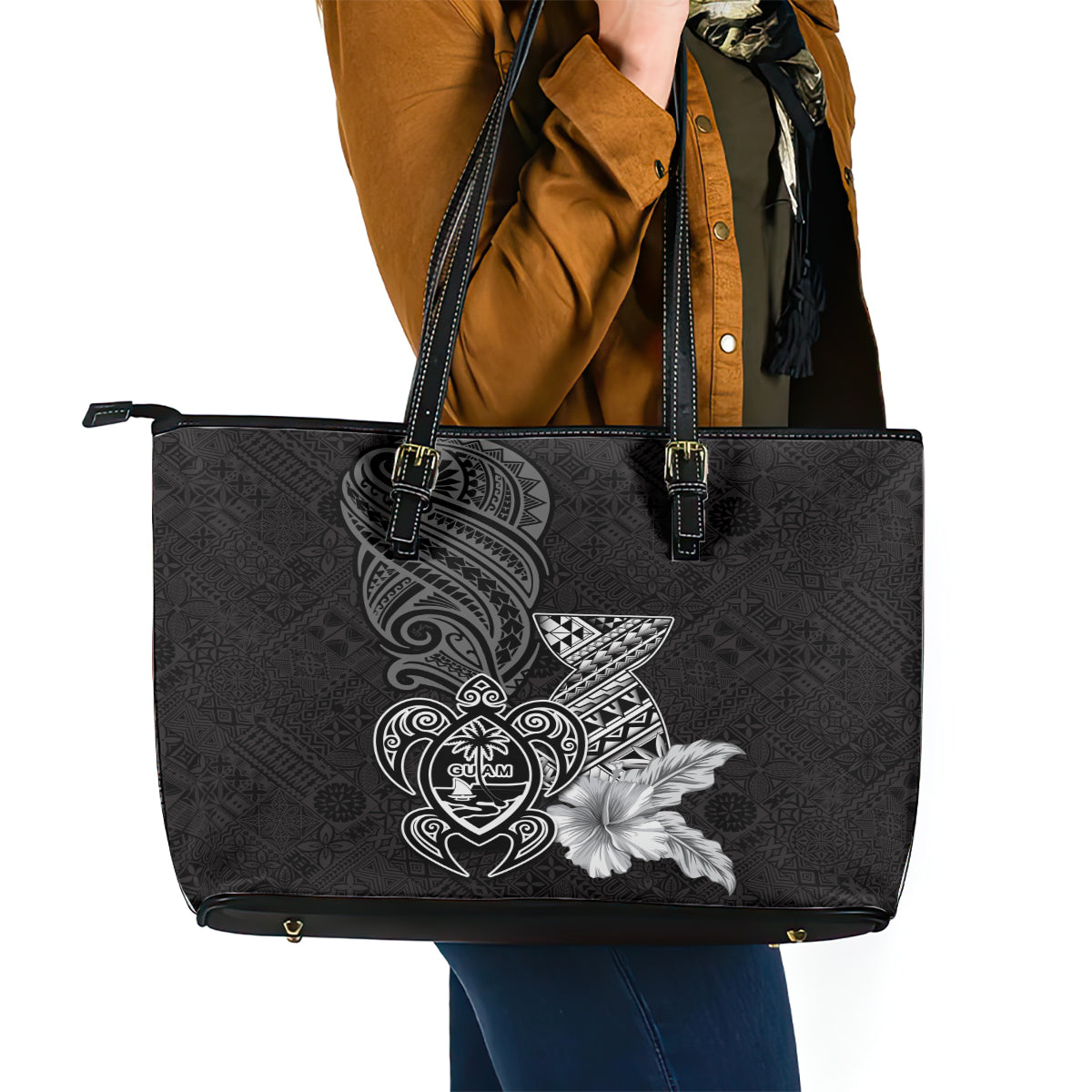Guam Latte Stone Chamorro Culture Leather Tote Bag Tapa Pattern